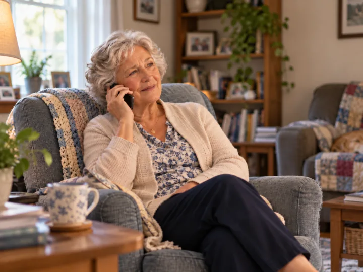 An older woman smiles as she talks on a phone from her living room.