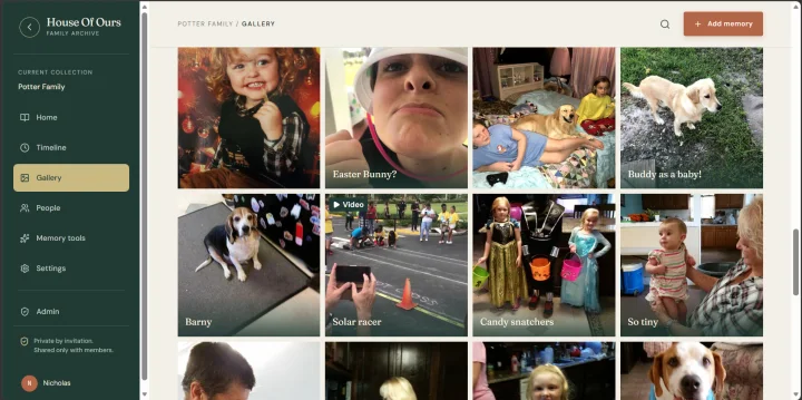 The House Of Ours Gallery showing family photos in a grid.